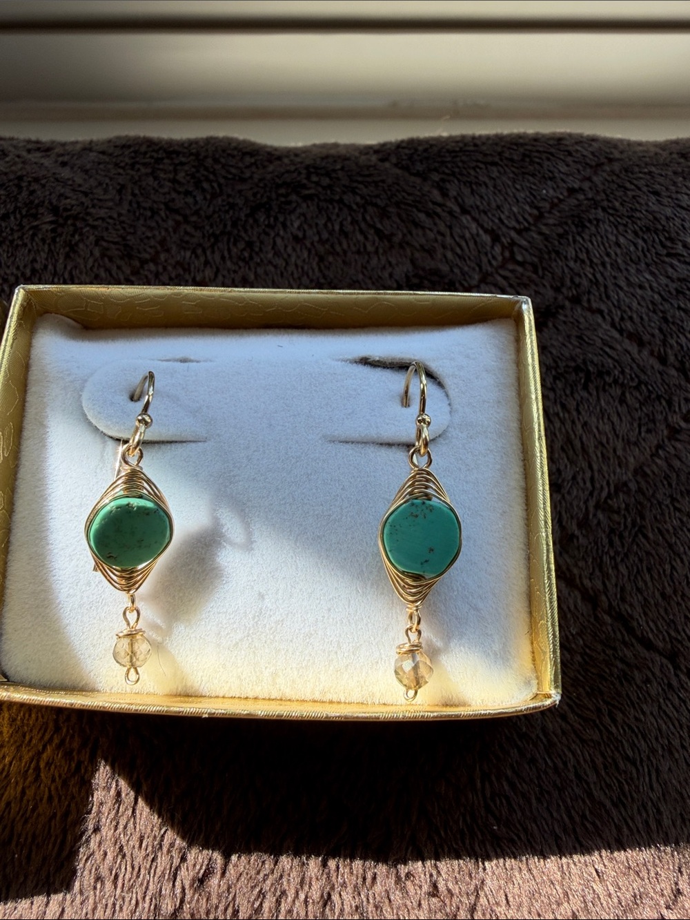 Handmade Gold Wire Turquoise Drop Earrings - Women Jewelry